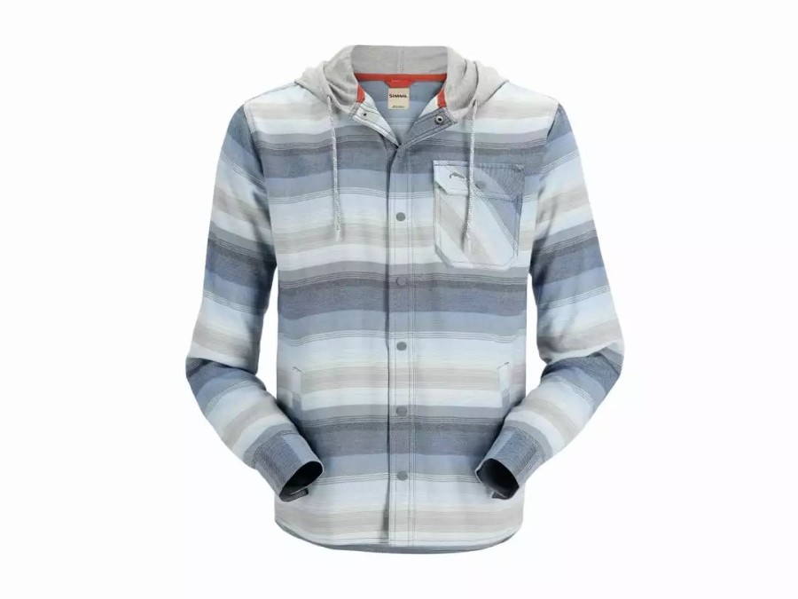 Clothing * | Simms Santee Flannel Hoody Navy/Storm/Steel Blue Stripe